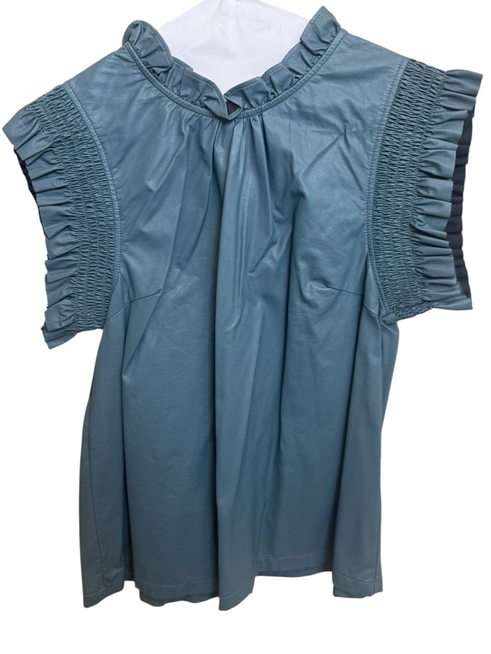 THML Slate Blue Ruffle & Smocked Sleeve Blouse